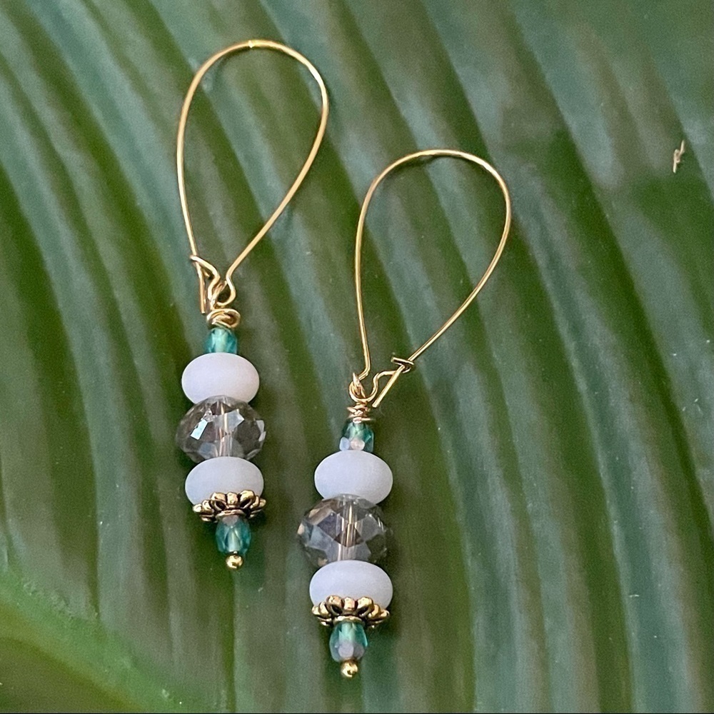 𝅺22KT Gold plated Sterling Silver earrings Genuine Amazonite BUY NOW PRICE - Picture 5 of 7